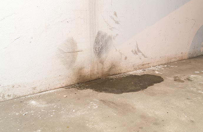Plumbing leak damage in basement wall