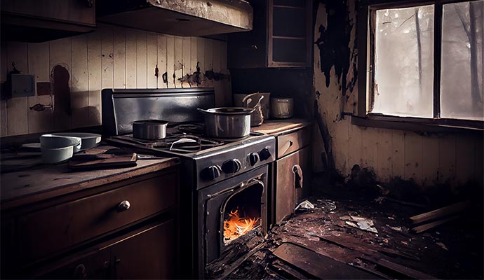 A fire damaged room, appliance covered with soot.