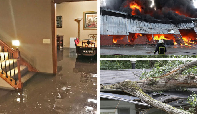 collage of water, fire and storm damaged property