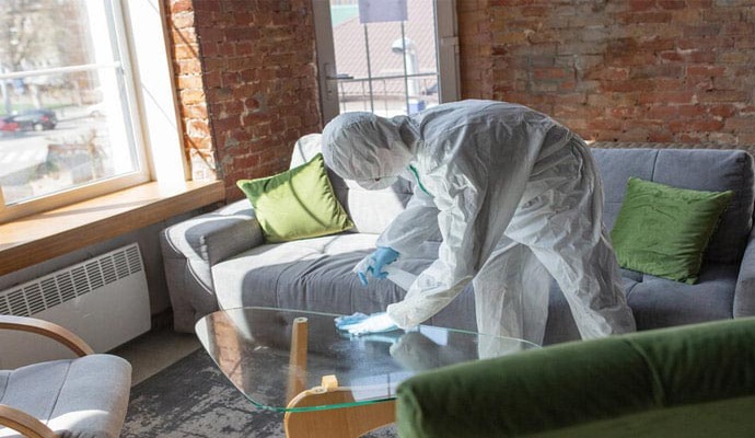 Expert cleaning a room to remove cigarette smoke odor.