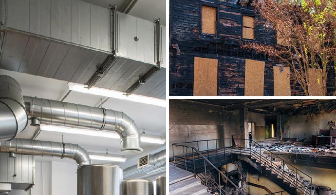 Collage of air duct system, board-up house and fire-damaged interior Collage of an air duct system, a board-up house and the interior of a fire-damaged property