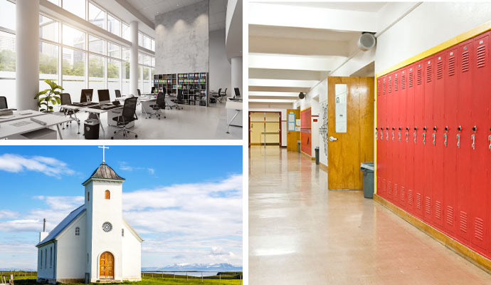 collage of clean office, church and school restoration