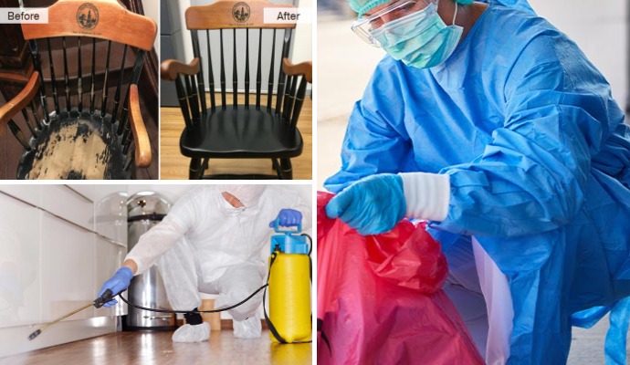 Collage of content restoration, disinfectant service, and biohazard cleanup service