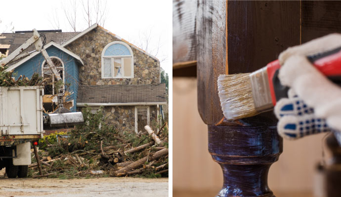 collage of disaster damaged house and content restoration