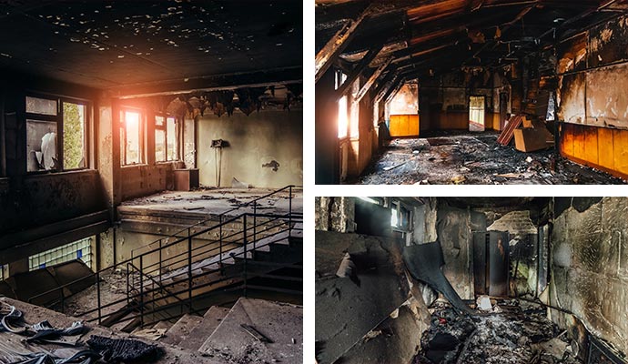 Collage of fire damaged room.