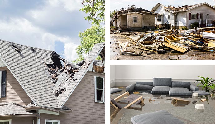 Collage of fire, storm and flood damage