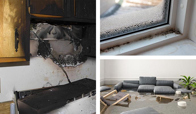 Collage of fire, water and mold damage