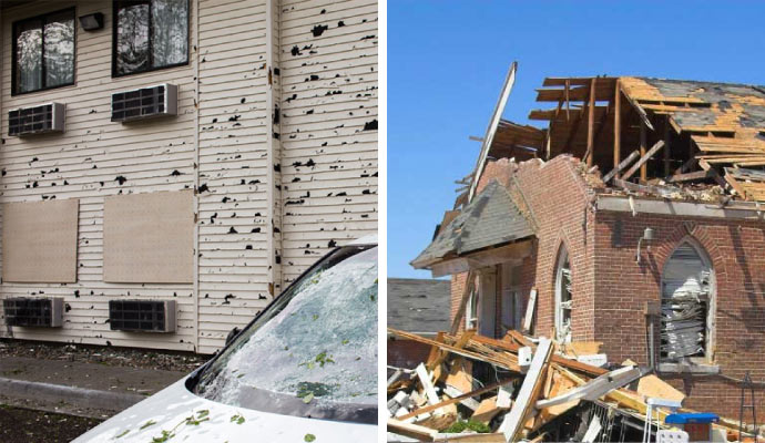 collage of hail and tornado damage