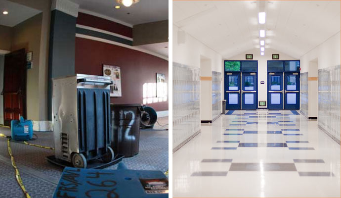 collage of office damage restoration and clean school corridor