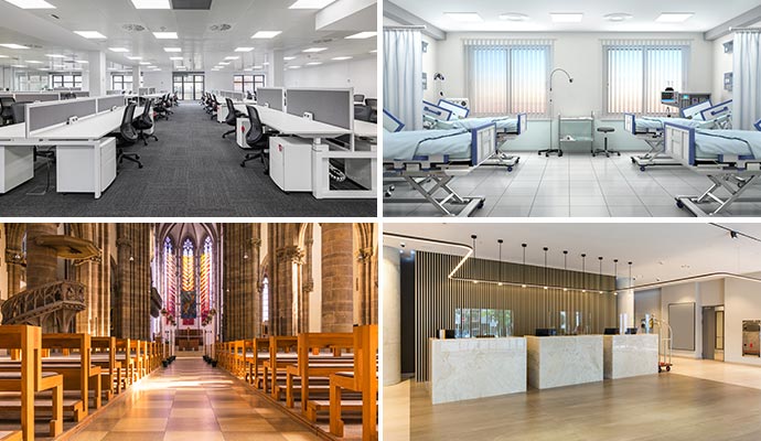 Collage of office, hospital, church and hotel interiors Collage of various interiors including office, hospital, church and hotel spaces