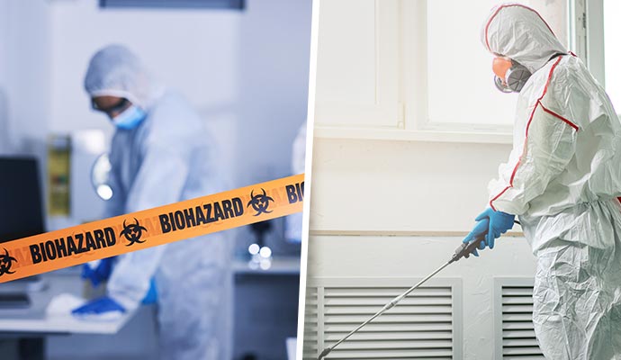 Collage of professional biohazard cleanup and disinfecting services Collage of professional biohazard cleanup and disinfecting services performed by trained experts