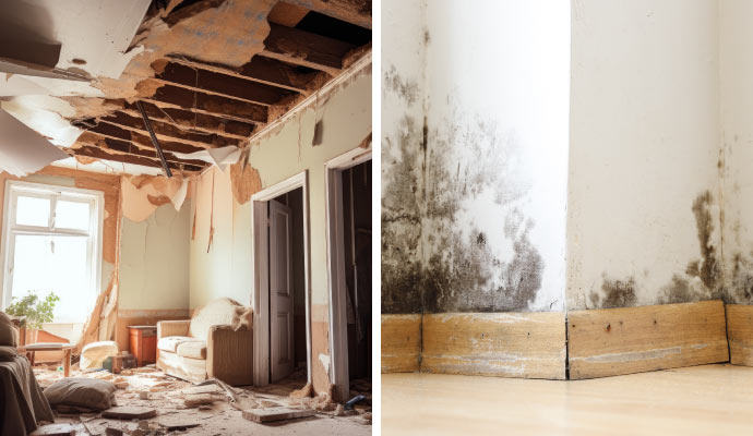 collage of stuctural damage and mold growth on the wall