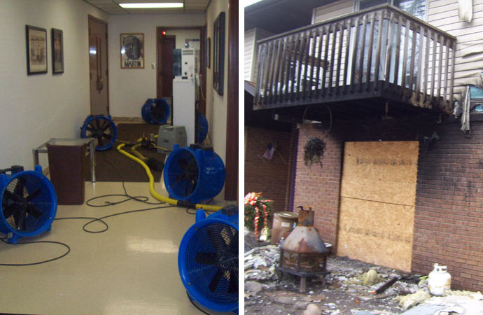 collage of water and fire damage restoration