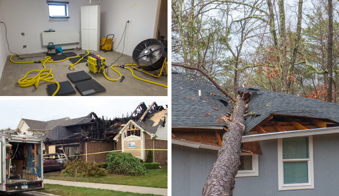 collage of water, fire and storm damaged property