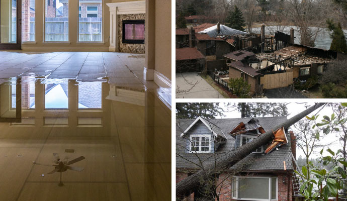 collage of water fire storm damage