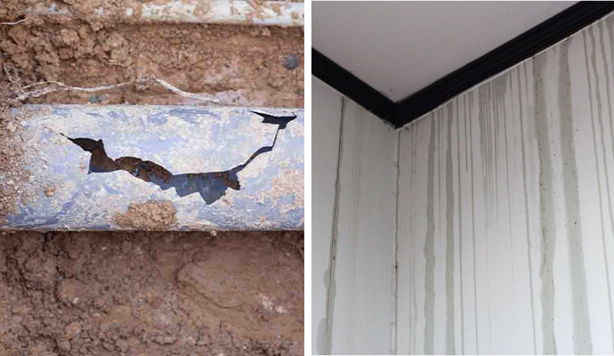 collage of water pipe break and roof leak