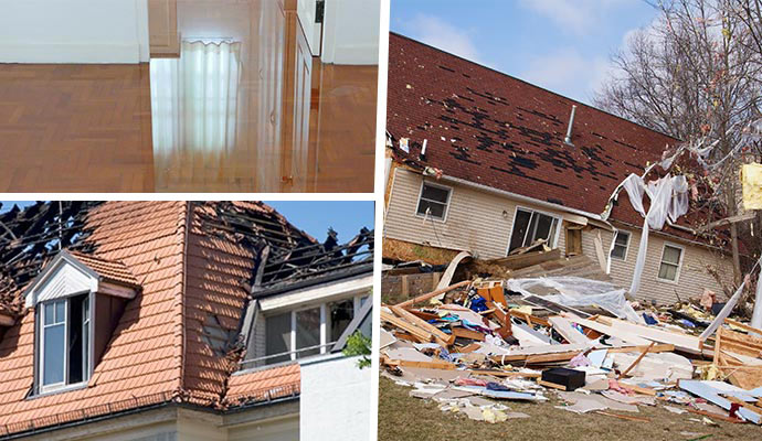 Collage of water, fire and storm damaged property Collage of water, fire and storm damaged property