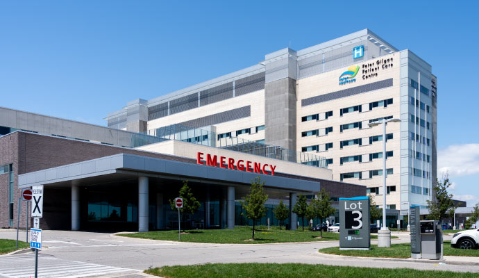 Front view of a modern hospital building