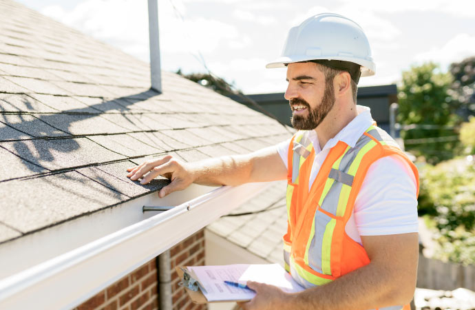 a professional inspecting the roof of a house