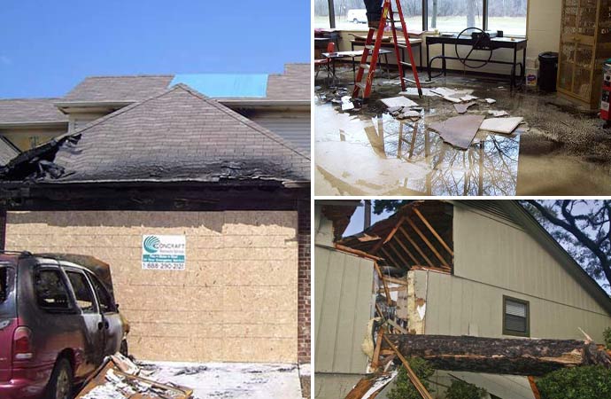 collage of fire, water and strom damage restoration