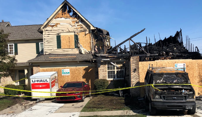 front view of a fire burnt house