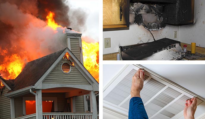 Collage of fire damage restoration, duct system and smoke soot removing.