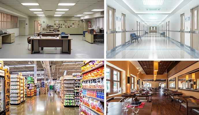 Collage of clean office hospital retail store and restaurants Collage of clean office hospital retail store and restaurants
