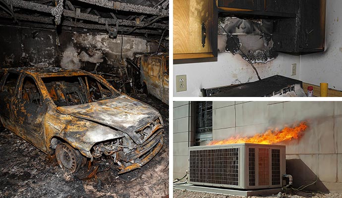 Collage of fire damaged car kitchen and burning ac unit Collage of fire damaged car kitchen and burning ac unit
