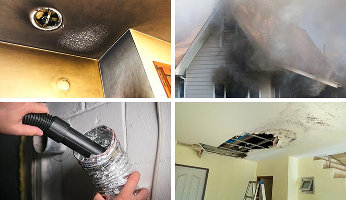 Collage of soot damaged ceiling smoke damaged house duct cleaning and structural ceiling damaged Collage of soot damaged ceiling smoke damaged house duct cleaning and structural ceiling damaged