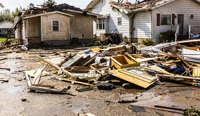 Exterior view of a disaster-damaged property Exterior view of a disaster-damaged property with structural damage and debris around the house
