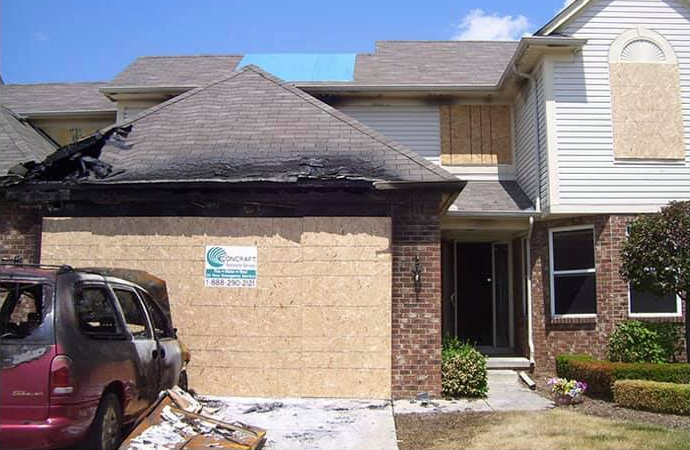 Fire damaged house.