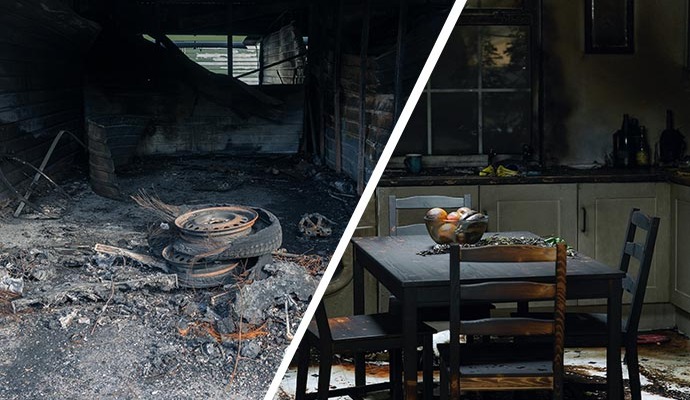 Collage of fire damaged garage and kitchen.