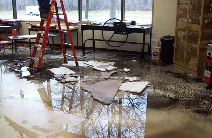 an interior damaged by the aftermath of a flood