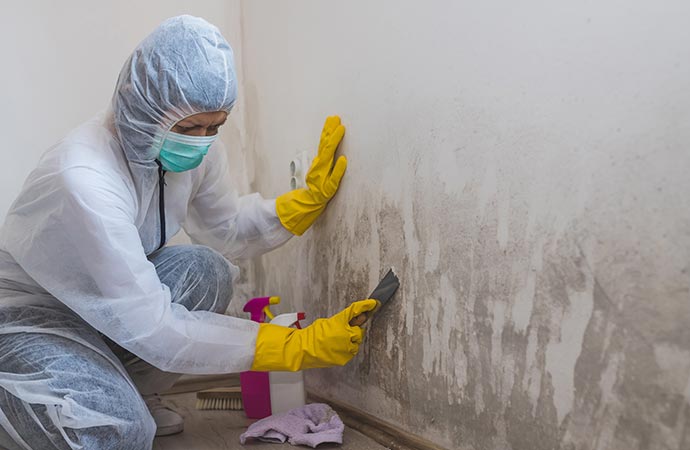 a person cleaning a wall portion affected by mold