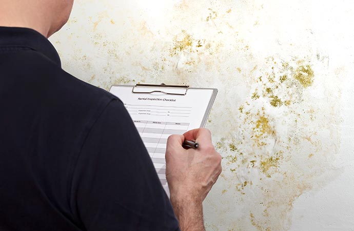 a person is inspecting mold growth on the wall