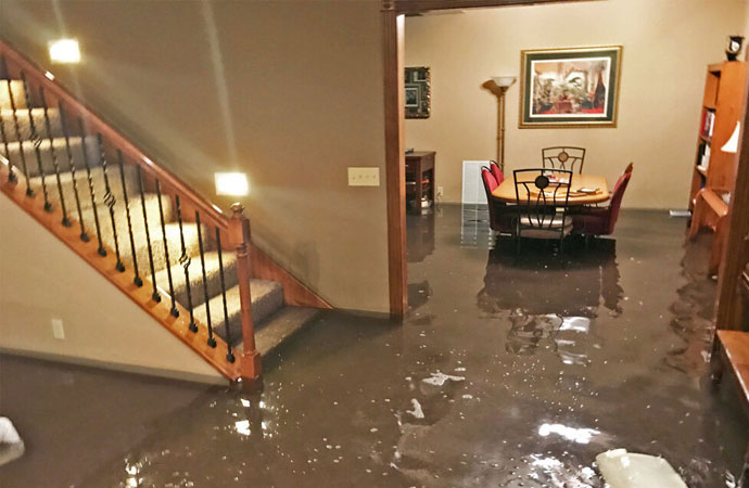 flooded living room causing water damage