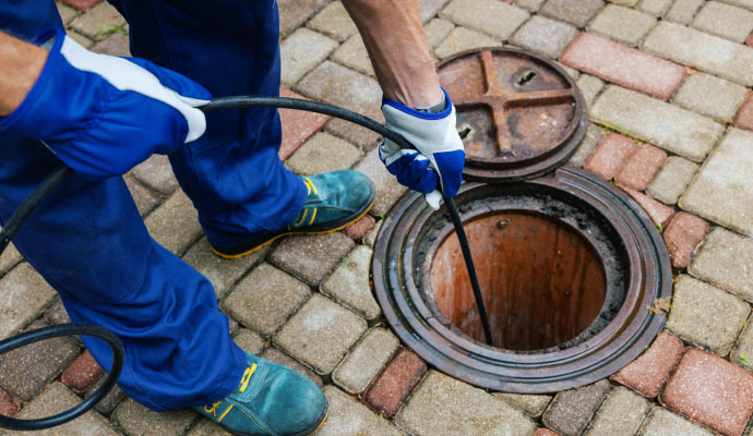 Person cleaning sewer with equipment