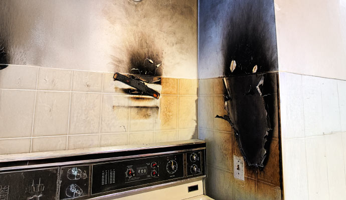 Smoke damage on a kitchen wall