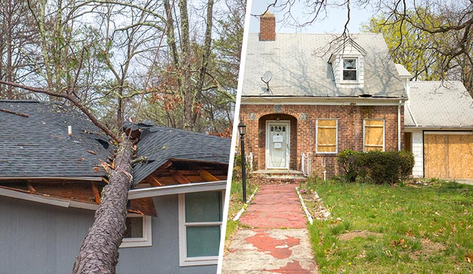 Collage showing a tree fallen on a roof and a boarded-up house Collage of a house with a fallen tree on the roof and another house boarded up after storm damage