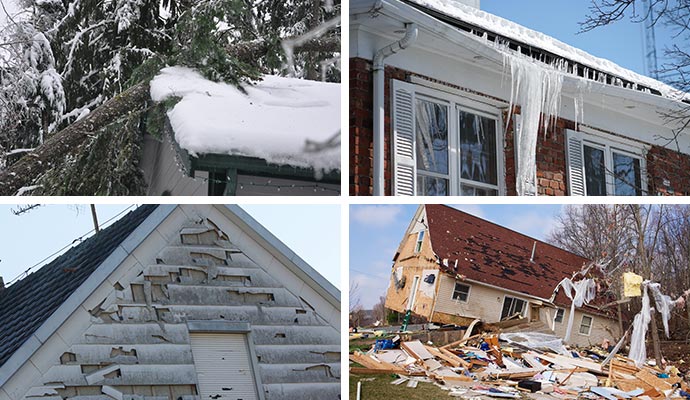 Collage of winter storm, ice, hail and tornado damaged house Collage of winter storm, ice, hail and tornado damaged house