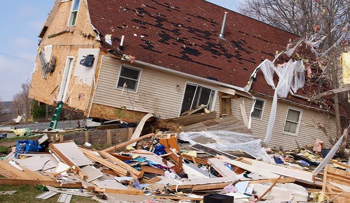 Residential property damaged by tornado House with severe structural damage caused by tornado