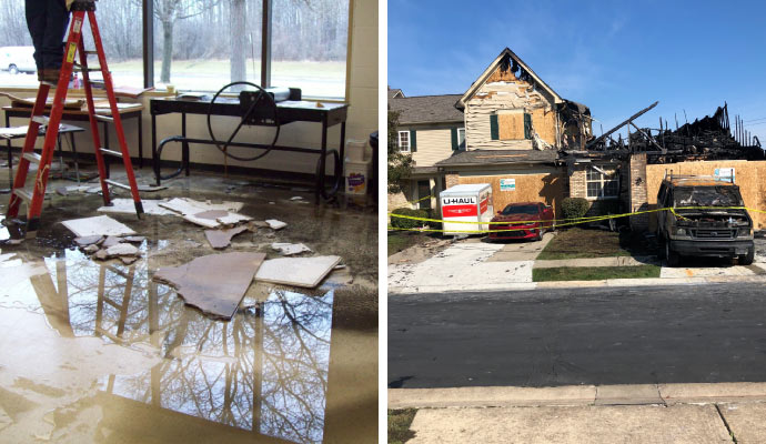 collage of water and fire damage house