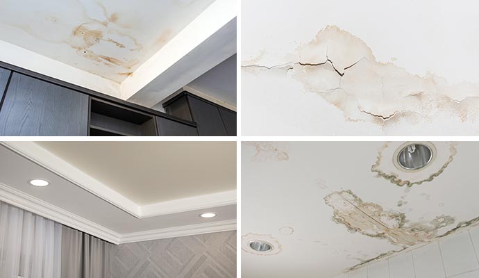 A collage of ceilings with water damage, stains, and mold before and after repair A collage of ceilings with water damage, stains, and mold before and after repair