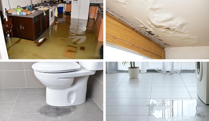 Collage of flood damaged property, damaged ceiling, leaked toilet and appliance leakage Collage of flood damaged property, damaged ceiling, leaked toilet and appliance leakage