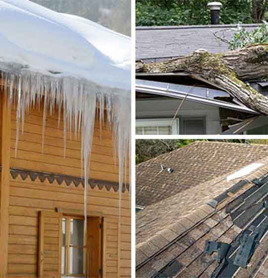 A collage of roof damage including an ice dam, a fallen tree, and missing shingles A collage of roof damage including an ice dam, a fallen tree, and missing shingles