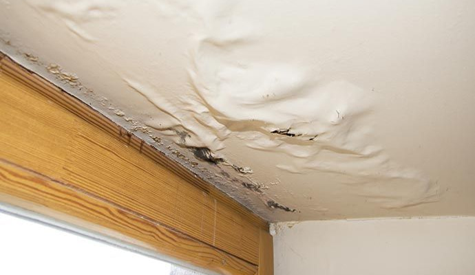 Water damage on a ceiling with bubbling and peeling paint Water damage on a ceiling with bubbling and peeling paint